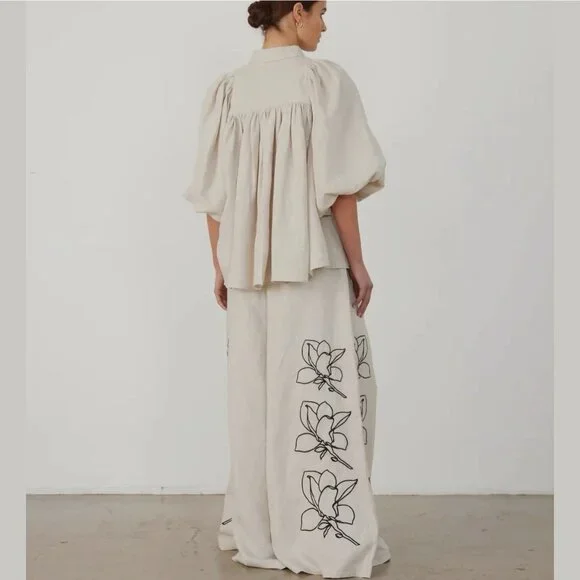 Women Two-Piece Outfit Blouse Wide-Leg Pant Beige Sz S Linen Cotton Loose Fit